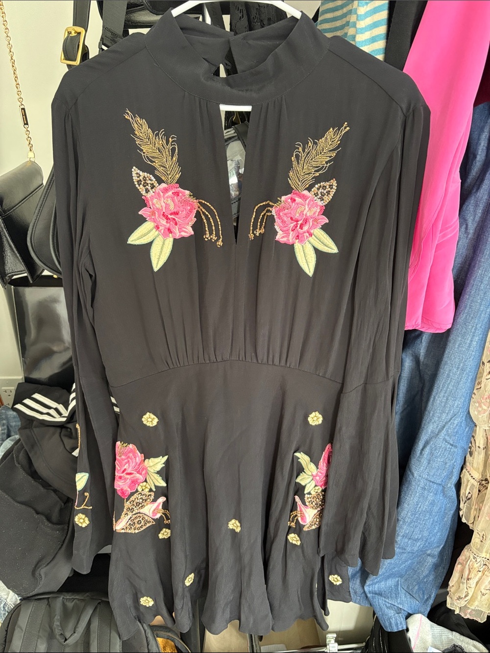 Black Embroidered Midi Dress with Pink Floral Accents